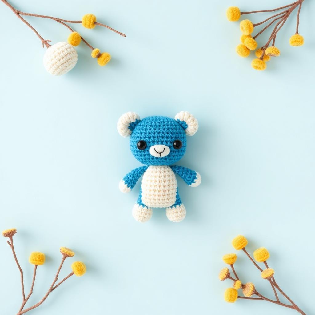 Blue crochet plush on a sky template