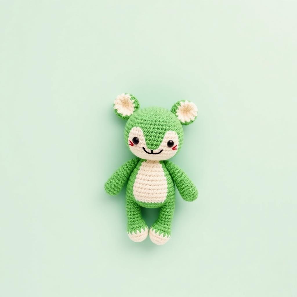 Green crochet plush on a mint template